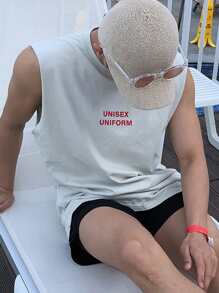 DAZY 男士棉字母圖案背心上衣 - 白色 - 查看 2