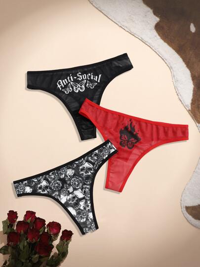 Sun Press Studio 3packs Butterfly & Skull Graphic Mesh Panty Set Lingerie