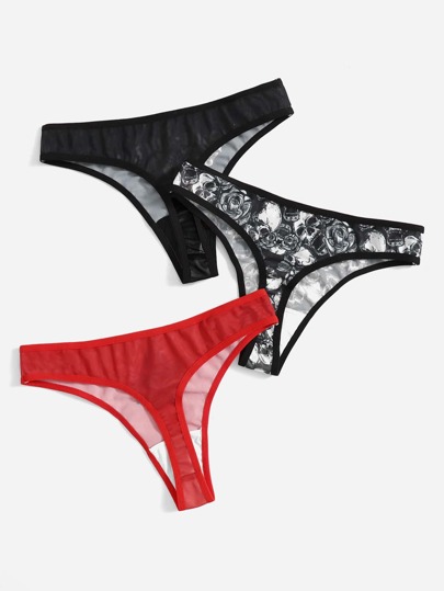 Sun Press Studio 3packs Butterfly & Skull Graphic Mesh Panty Set Lingerie