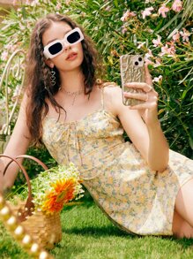 ROMWE Đầm Thắt nút Thắt nơ trước Hoa Boho - Nhiều màu - Xem 1