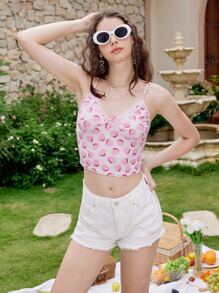 ROMWE Strawberry Print Lace Trim Cami - Pink - View 5