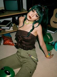 ROMWE Street Life Lace Up Ruffle Hem Tube Top - Chocolate Brown - View 1