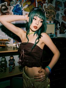 ROMWE Street Life Lace Up Ruffle Hem Tube Top - Chocolate Brown - View 4