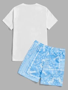 Manfinity VCAY Men Cotton Letter Graphic Tee & Paisley Print Drawstring Waist Shorts - Blue and White - View 2