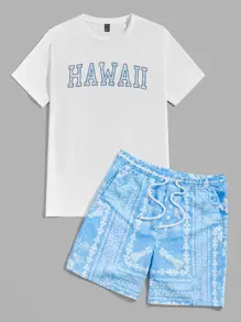 Manfinity VCAY Men Cotton Letter Graphic Tee & Paisley Print Drawstring Waist Shorts - Blue and White - View 3