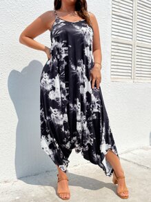 SHEIN LUNE 大碼紮染不對稱下擺吊襠連身褲 - 黑色 - 查看 1