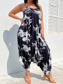 SHEIN LUNE 大碼紮染不對稱下擺吊襠連身褲 - 黑色 - 查看 3