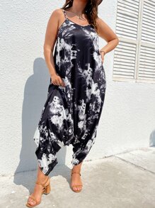 SHEIN LUNE 大碼紮染不對稱下擺吊襠連身褲 - 黑色 - 查看 4