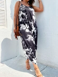 SHEIN LUNE 大碼紮染不對稱下擺吊襠連身褲 - 黑色 - 查看 5