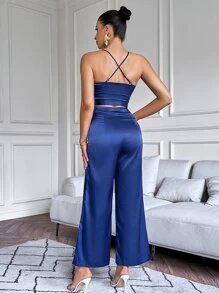 Aveloria 後背十字交叉圍裹側繫帶短款緞面吊帶上衣和褲子工作服 - 藍色 - 查看 2