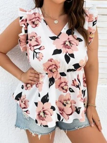 Áo sơ mi Plus Size Xù Viên lá sen Buộc lại Hoa Boho - Nhiều màu - Xem 4