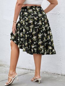 Plus Allover Floral Print Asymmetrical Hem Skirt - Black - View 2