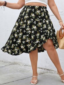 Plus Allover Floral Print Asymmetrical Hem Skirt - Black - View 4