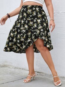 Plus Allover Floral Print Asymmetrical Hem Skirt - Black - View 5