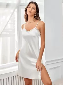 Contrast Lace Split Hem Satin Cami Night Dress - White - View 1