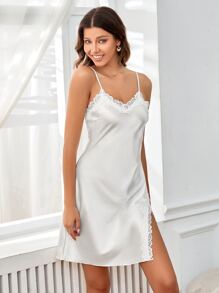 Contrast Lace Split Hem Satin Cami Night Dress - White - View 5