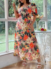 Mulvari 大碼印花泡泡袖A字洋裝 - 彩色 - 查看 4