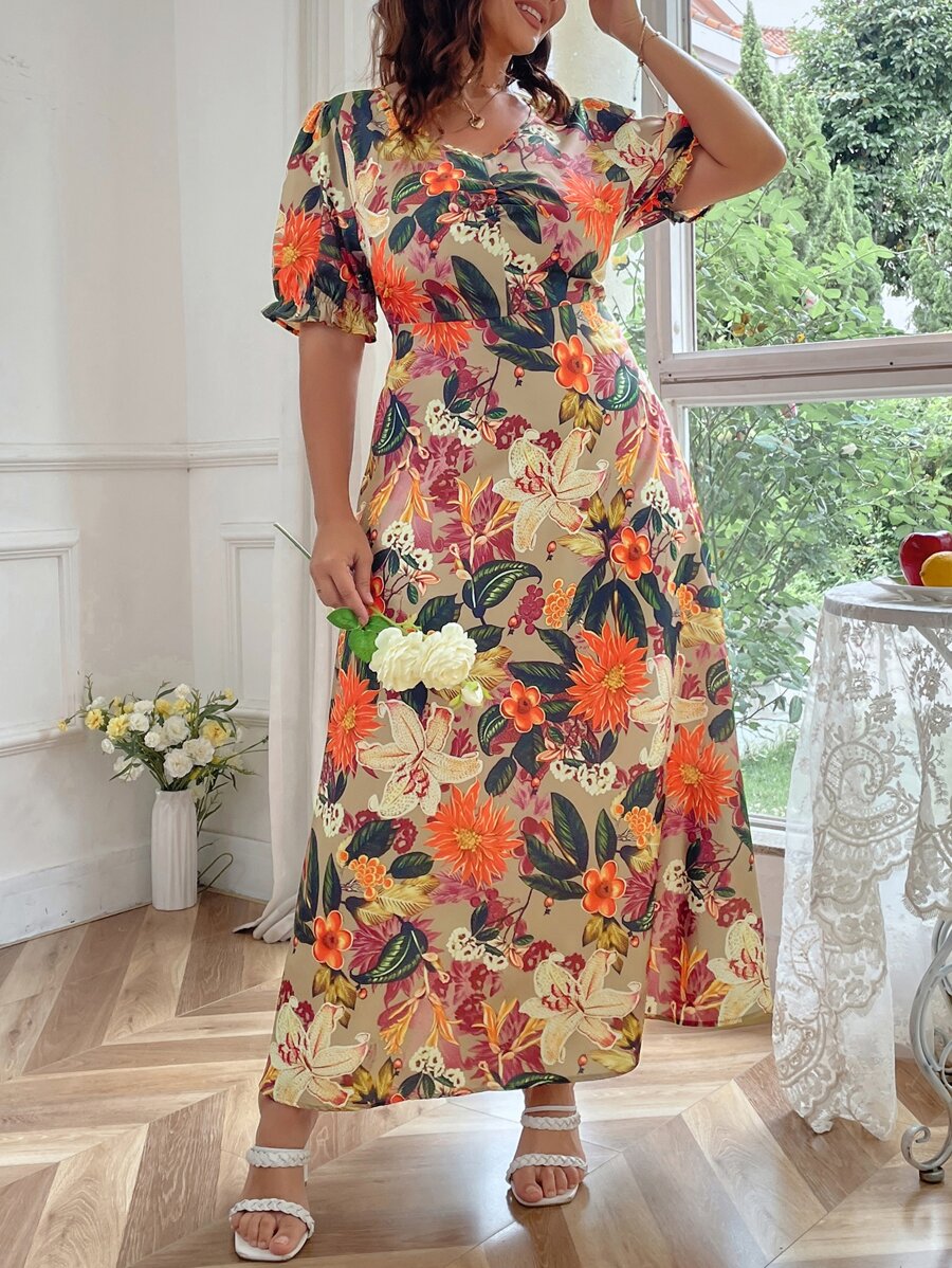 Mulvari 大碼印花泡泡袖A字洋裝 - 彩色 - 查看 1