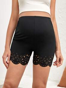SHEIN Maternity Laser Cut Out Cycling Shorts - Black - View 5