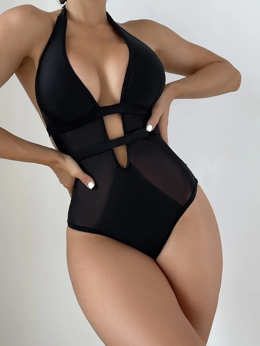 SHEIN Swim 鏤空吊脖露背網紗拼接連體泳衣 - 黑色 - 查看 1
