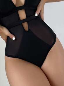 SHEIN Swim 鏤空吊脖露背網紗拼接連體泳衣 - 黑色 - 查看 4