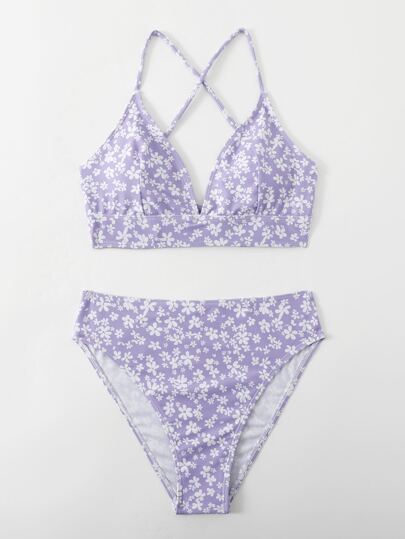 Ditsy Floral Criss Cross Lace Up Bikini Set, For Summer Beach Vacation