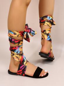 Xăng đan đế bằng có dây buộc cho bữa tiệc nghỉ dưỡng dành cho nữ, Xăng đan quai hở ngón hở ngón in hình lông vũ - màu đen - Xem 4