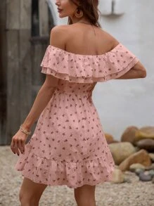 碎花一字肩連衣裙 - 藕粉色 - 查看 2