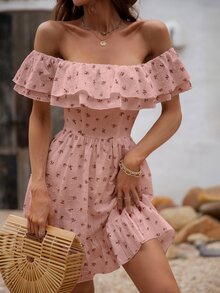 碎花一字肩連衣裙 - 藕粉色 - 查看 4