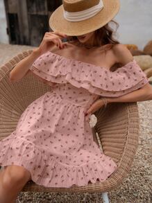 碎花一字肩連衣裙 - 藕粉色 - 查看 5