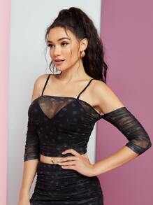 NATALIA DEDIOS Floral Mesh Cold Shoulder Ruched Crop Top - Black - View 3