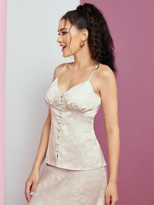 NATALIA DEDIOS Floral Print Cut Out Back Cami Top - Apricot - View 4