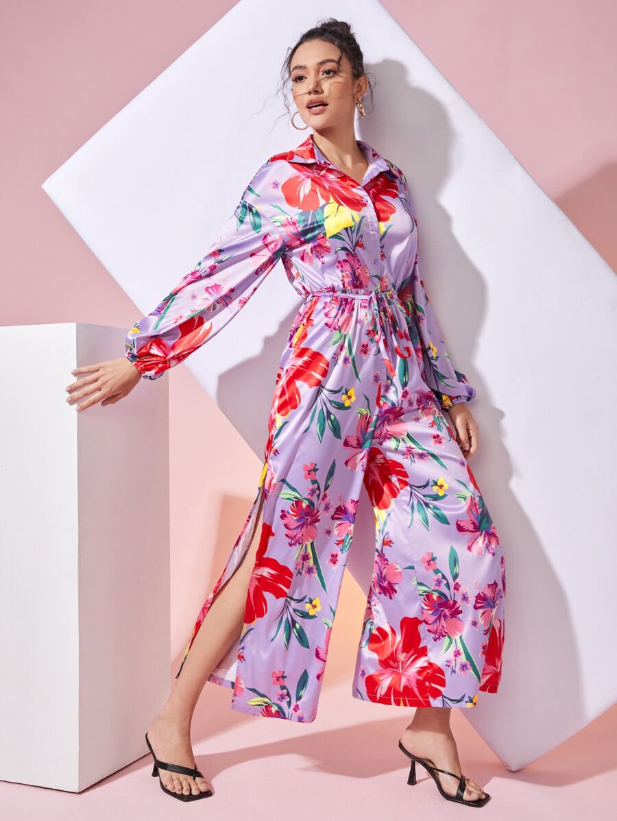 FENTON AVE 印花高衩燈籠袖腰帶連身褲 - 彩色 - 查看 1