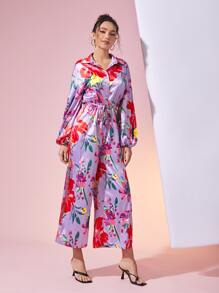 FENTON AVE 印花高衩燈籠袖腰帶連身褲 - 彩色 - 查看 5