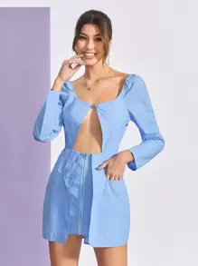 THE MOON IN LEO 鏤空拉鏈開襟覆蓋連衣裙 - 淺藍色 - 查看 1