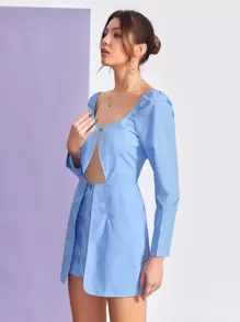 THE MOON IN LEO 鏤空拉鏈開襟覆蓋連衣裙 - 淺藍色 - 查看 3