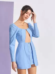 THE MOON IN LEO 鏤空拉鏈開襟覆蓋連衣裙 - 淺藍色 - 查看 5