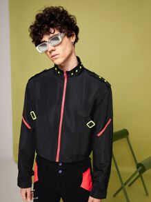 7TASTIK Men Buckle Zip Up Windbreaker Jacket - Black - View 1