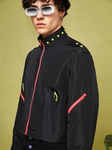 7TASTIK Men Buckle Zip Up Windbreaker Jacket - Black - View 4