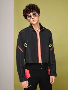 7TASTIK Men Buckle Zip Up Windbreaker Jacket - Black - View 5