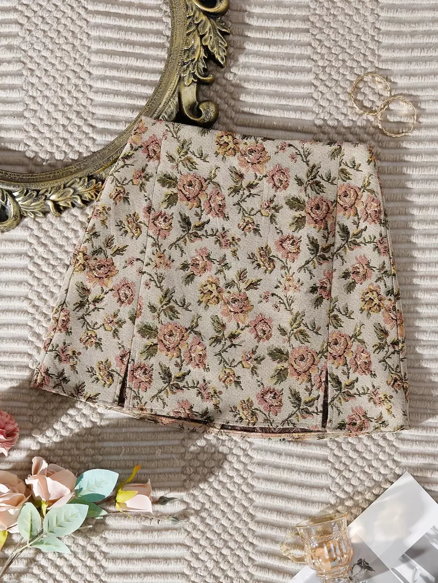 Sweetra 开叉下摆花卉提花裙度假海滩装女装 - 彩色 - 查看 1