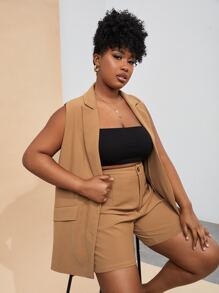 GELLY Bộ Suit kích thước lớn Nút Túi Dây kéo màu trơn Giải trí - Màu Khaki - Xem 3