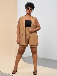 GELLY Bộ Suit kích thước lớn Nút Túi Dây kéo màu trơn Giải trí - Màu Khaki - Xem 4