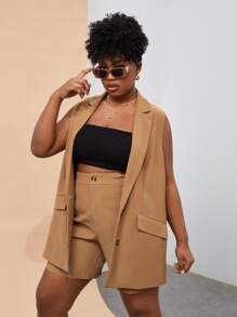 GELLY Bộ Suit kích thước lớn Nút Túi Dây kéo màu trơn Giải trí - Màu Khaki - Xem 2