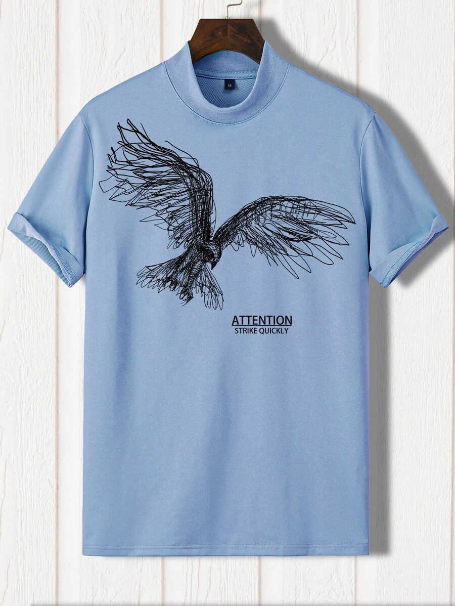 Manfinity LEGND Men Animal & Slogan Graphic Mock Neck Tee - Blue - View 1