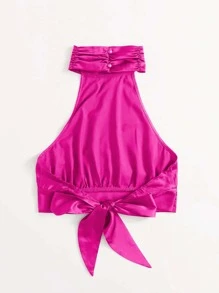 SHEIN Unity Ruched Halterneck Tied Backless Crop Top - Hot Pink - View 2