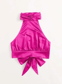 SHEIN Unity Ruched Halterneck Tied Backless Crop Top - Hot Pink - View 3