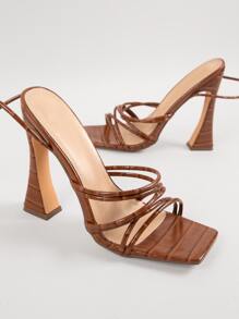 Multiple Strappy Crocodile Detail High Heel Sandals - Brown - View 2