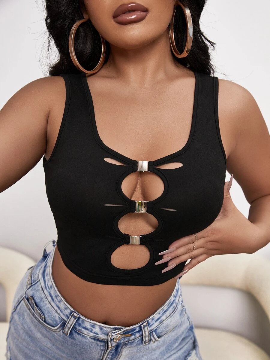 SHEIN SXY Áo hai dây Cắt ra màu trơn Gợi cảm - màu đen - Xem 1