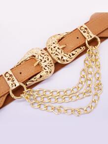 多層鏈條裝飾對稱扣飾西部風腰帶 - 駝色 - 查看 5